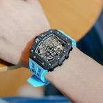 TSAR BOMBA Automatic Mechanical Watches for Men - Japanese Movement Sapphire Glass - 50M Waterproof - Tonneau Square Hollow Wrist Watch Silicone Strap Luminous Elegant Gifts for Men