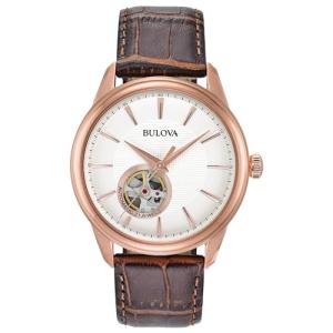 Bulova Mens Automatic Rose Gold Plated Cream Skeleton Dial Brown Leather Strap Watch 97A133