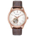Bulova Mens Automatic Rose Gold Plated Cream Skeleton Dial Brown Leather Strap Watch 97A133