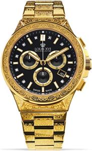 LOUIS XVI Le Monarque Royale Men's Watch Chronograph 42mm Swiss Quartz Movement Stainless Steel Bracelet Silver/Gold Dial Black Genuine Diamonds/CZ Diamonds, Gold / Black, Luxury