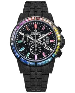 LOUIS XVI Men's Majesté Iced Out Steel Strap Silver / Gold CZ Diamonds Chronograph Analogue Quartz Stainless Steel Watch, Frosted Rainbow Black, Bracelet