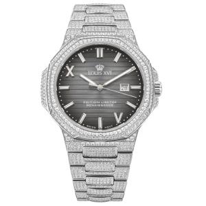 LOUIS XVI Renaissance 1622 - Diameter 40 mm - Men's Watch - Waterproof - Sapphire Glass - Bracelet Silver - Iced Out CZ Diamonds - Grey Dial - CH Quartz Movement, silver, Bracelet