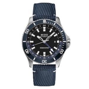 MIDO Ocean Star GMT - Swiss Automatic Watch for Men - 44mm Stainless Steel Case with Rotating Bezel, Black on Blue Fabric, Diving Watch