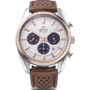 Orient Stretto Solar Chronograph 40mm White Dial Brown Leather Strap