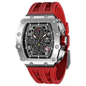 TSAR BOMBA Luxury Watch for Men, 50M Waterproof Mens Watches, Tonneau Watch with Blue Silicone Watch Bands, Japanese Quartz Movement Chronograph, Gifts for Men, Silver Red 1, Case thick:16.8MM, Luxurt