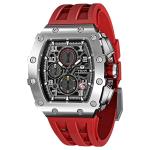 TSAR BOMBA Luxury Watch for Men, 50M Waterproof Mens Watches, Tonneau Watch with Blue Silicone Watch Bands, Japanese Quartz Movement Chronograph, Gifts for Men, Silver Red 1, Case thick:16.8MM, Luxurt