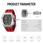 TSAR BOMBA Luxury Watch for Men, 50M Waterproof Mens Watches, Tonneau Watch with Blue Silicone Watch Bands, Japanese Quartz Movement Chronograph, Gifts for Men, Silver Red 1, Case thick:16.8MM, Luxurt