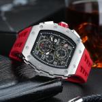 TSAR BOMBA Luxury Watch for Men, 50M Waterproof Mens Watches, Tonneau Watch with Blue Silicone Watch Bands, Japanese Quartz Movement Chronograph, Gifts for Men, Silver Red 1, Case thick:16.8MM, Luxurt