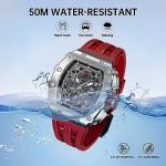 TSAR BOMBA Luxury Watch for Men, 50M Waterproof Mens Watches, Tonneau Watch with Blue Silicone Watch Bands, Japanese Quartz Movement Chronograph, Gifts for Men, Silver Red 1, Case thick:16.8MM, Luxurt