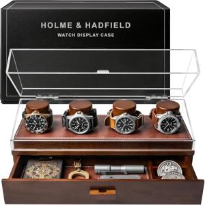 Holme & Hadfield Premium 4-Slot Wooden Watch Display Case – Handcrafted Men’s Watch Box with Accessory Drawer, Hinged Cover, Leather Lining – Birthday Gift for Collectors – Luxury Built to Last