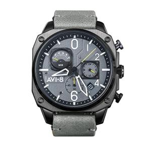 AVI-8 Mens 45mm Hawker Hunter Retrograde Chronograph Sea Gray Japanese Quartz Pilot Watch with Leather Strap AV-4052-03