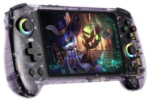 RG557 Retro Handheld Game Console , 5.48 Inch AMOLED Screen Handheld Emulator Preloaded 4423 Games Android 14 System Dimensity 8300 Processor Support WiFi 6E Bluetooth 5.3(Transparent Purple)