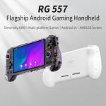 RG557 Retro Handheld Game Console , 5.48 Inch AMOLED Screen Handheld Emulator Preloaded 4423 Games Android 14 System Dimensity 8300 Processor Support WiFi 6E Bluetooth 5.3(Transparent Purple)