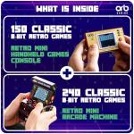 Orb Mini Retro Handheld Games Console & Arcade Bundle - 1 x 150 In-Built Games Console & 1 x 240 In-Built Games Arcade, Full Colour LCD Screen - Thumbs Up!