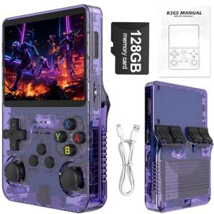 R36S Retro Handheld Games Console, 40,000+ Classic Games Portable Pocket Video Player with 3.5 Inch HD Screen, 128G TF Card, 3300mAh Battery,Open Source Linux System Screen for Teens and Adults,Purple