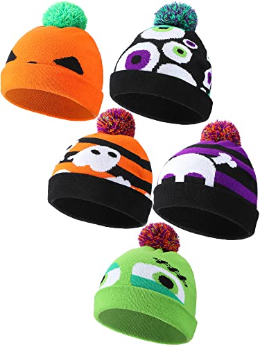 Halloween Beanie with Skull and Pumpkin Design