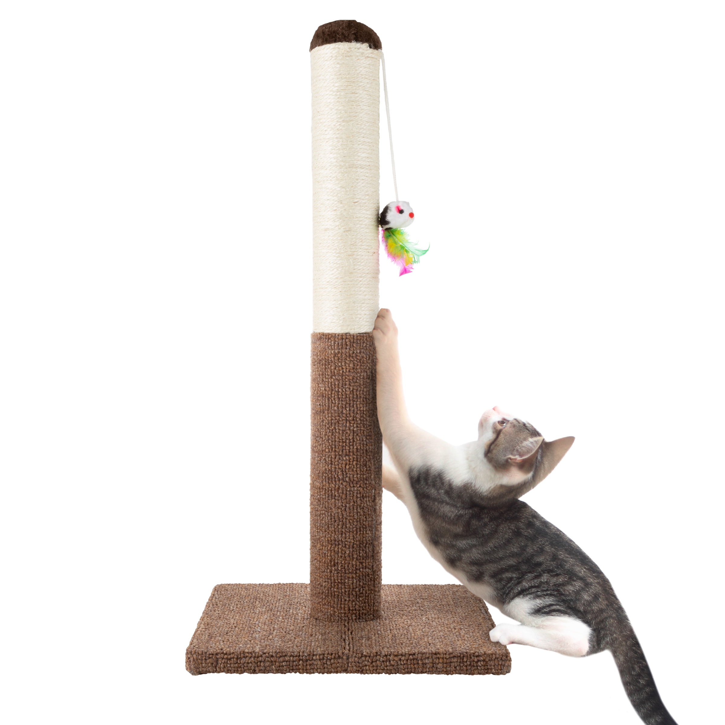 Cat Scratching Post with Carpeted Base – 24.5-Inch Sisal Fabric Scratcher with Hanging Mouse Toy for Adult Cats and Kittens by PETMAKER (Brown)