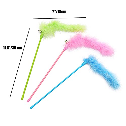 Cat Wand Toys, 3 PCS Interactive Cat Feather Toys Colorful Cat Teaser Wand with Bell for Indoor Cats, Kitties