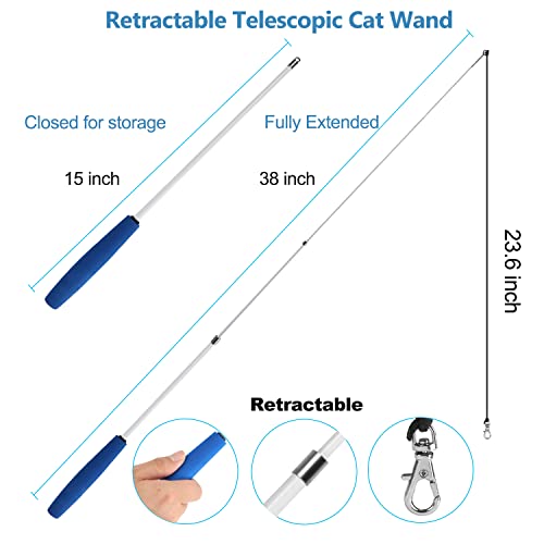 Cat Toys Feathers Wand, Interactive Cat Toy Kitten Toys 2 Retractable Cat Wand Toy and 7 Feather Teaser Refills with bells, Telescopic Cat Fishing Pole Toy for Indoor Bored Cats Gifts Exercise Pack