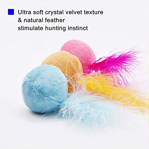 PETFAVORITES Furry Rattle Ball Cat Toy with Feather and Catnip - Interactive Pom Pom Balls for Cats, Soft and Lightweight, 2 Inch, 3 Pack.