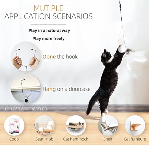 LEKEWPET Retractable Cat Feather Toys, 7PCS Refills with Bell, Interactive Doorway Hanging Teaser Catnip Toys for Indoor Cats. Kitten Play Pompom & Feather Teaser.