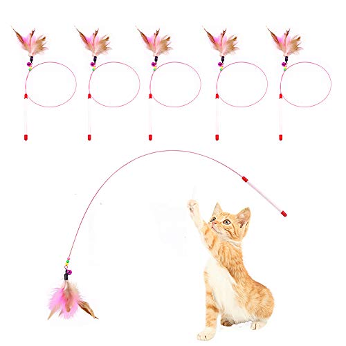 JTQXX Cat Feather Toy, Cat Toys Wand, Bundle of 5 Pack Interactive Pet Cat Kitten Chaser Teaser Wire Wand with Bell Beads for Cat Exercise Play Fun Gifts - Wholesale