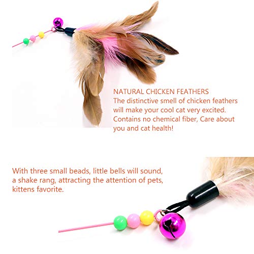 JTQXX Cat Feather Toy, Cat Toys Wand, Bundle of 5 Pack Interactive Pet Cat Kitten Chaser Teaser Wire Wand with Bell Beads for Cat Exercise Play Fun Gifts - Wholesale