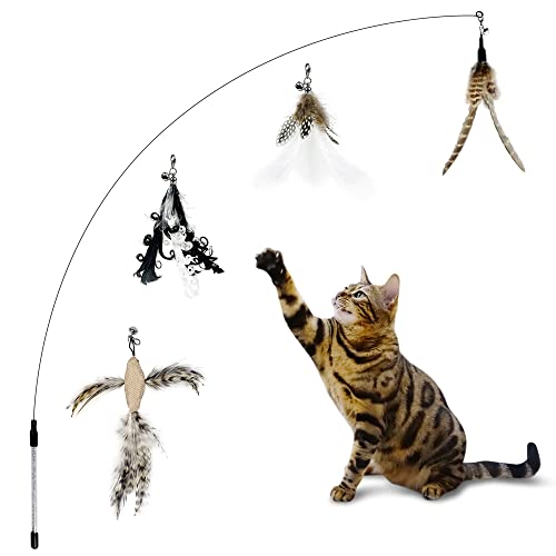 TTcat Cat Wand Toys, 35'' Flexible Steel Wire and 4PCS Cat Feather Toys Cat Teaser Toy Refills, Interactive Cat Toy Wand Kitten Toys for Indoor Cats to Play Chase Exercise…
