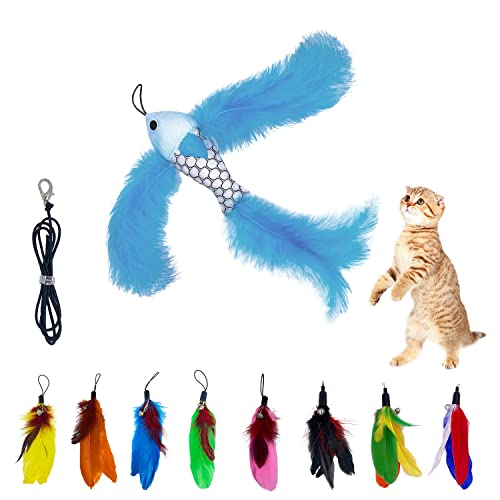 PETSTIE 9PCS Cat Wand Toys Replacement, Cat Feather Toys, 1PC Fish Style Feather and 8 PCS Feathers with Bell, Extra 1Pc Elastic String for Indoor Cats
