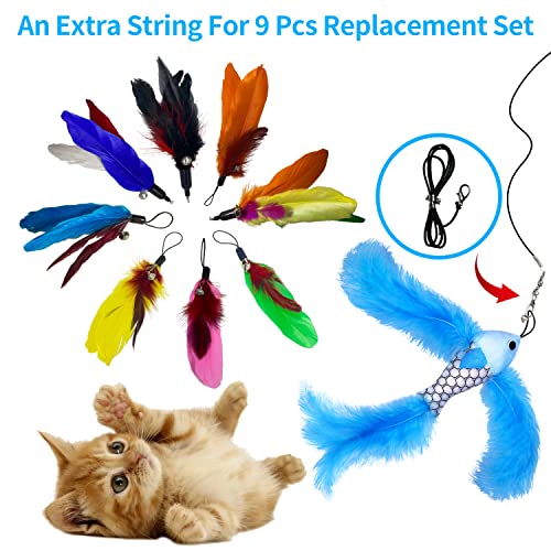 PETSTIE 9PCS Cat Wand Toys Replacement, Cat Feather Toys, 1PC Fish Style Feather and 8 PCS Feathers with Bell, Extra 1Pc Elastic String for Indoor Cats