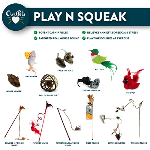 OurPets Play-N-Squeak Teathered & Feathered Play Wand Cat Toy, for All Breed Sizes