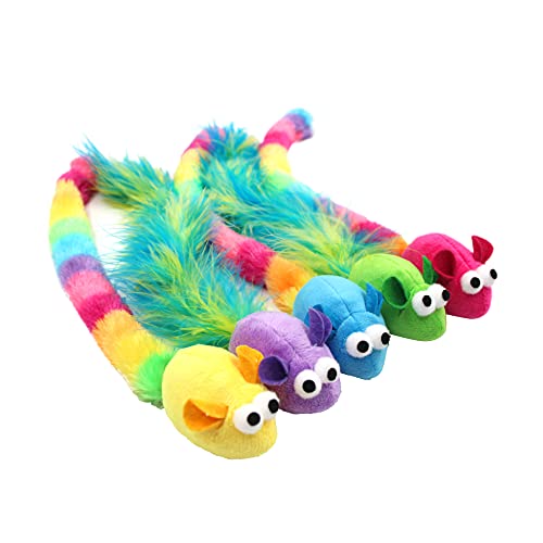Jumpaws 5 Pack Interactive Catnip and Feather Cat Toys, Multi-Colored Mice with Long Feather Tail, Accessories for Indoor Cat, Catnip Plush Toys with Natural Feathers and Rattles