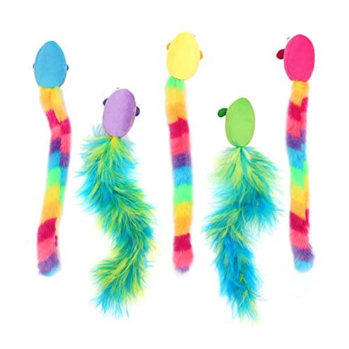 Jumpaws 5 Pack Interactive Catnip and Feather Cat Toys, Multi-Colored Mice with Long Feather Tail, Accessories for Indoor Cat, Catnip Plush Toys with Natural Feathers and Rattles