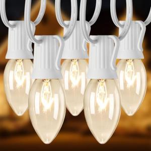 25 Feet C9 Bulb String Lights Outdoor White Christmas Lights for Outdoor Patio Room Christmas Party Backyard Decoration,Warm White, Clear Glass