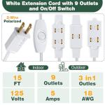 15 Ft White Extension Cord with 9 Outlets