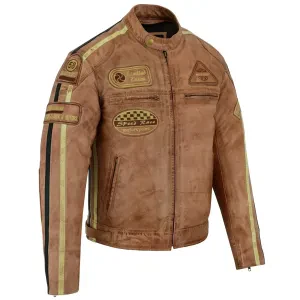 Men's British Motorcycle Tan Wax Leather Biker Jacket with Badges