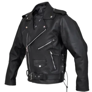 Mens Full Grain Cowhide Brando Belted Biker Leather Jacket Black