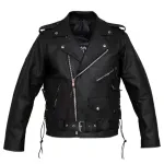 Mens Full Grain Cowhide Brando Belted Biker Leather Jacket Black