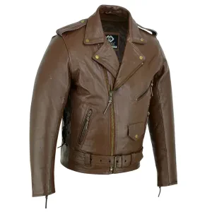 Mens Full Grain Cowhide Brando Belted Biker Leather Jacket Brown