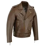 Mens Full Grain Cowhide Brando Belted Biker Leather Jacket Brown