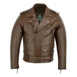 Mens Full Grain Cowhide Brando Belted Biker Leather Jacket Brown