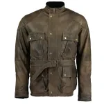 Classic Mens British Motorcycle Black Wax Leather Jacket Biker Red White Striped
