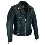 2 Toned Black & Blue Diamond Motorcycle Biker Soft Leather Jacket