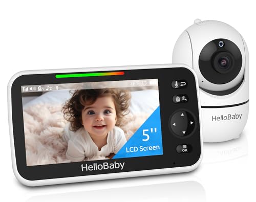 HelloBaby Upgrade Monitor, 5''Screen with 30-Hour Battery, Pan-Tilt-Zoom Video Baby Monitor with Camera and Audio, Night Vision