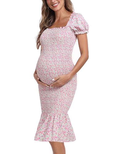 Summer Floral Maternity Bodycon Dress - Baby Shower Ivory