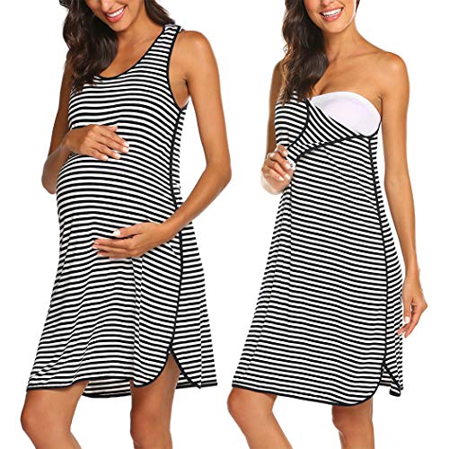 Ekouaer 3-in-1 Nursing Nightgown for Pregnancy - Stripe1