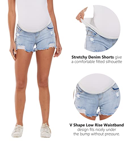 Foucome Maternity Jean Shorts with Elastic Band in Light Blue