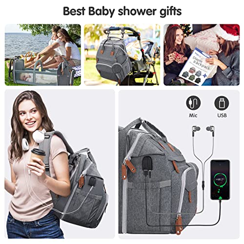 DERJUNSTAR Diaper Bag Backpack,Baby Diaper Bags, Mothers Day Gifts, Multifunctional Travel Diaper Waterproof Backpack for Baby Boy & Girls, with Portable Diaper Pad,Grey