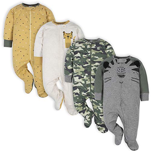 Gerber Baby Boys' 4 Pack Tiger Grey Footies, Newborn