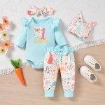 Blue Bunny Ribbed Romper Set for Baby Girls